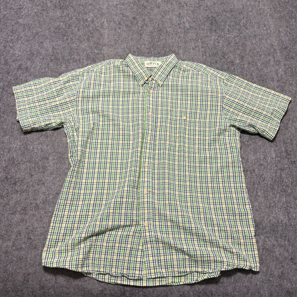 Orvis Mens Seersucker Plaid Short Sleeve Button Down Shirt Green Yellow XXL